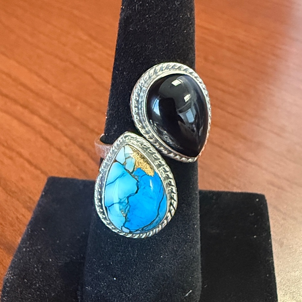 925 Sterling Silver, Onyx, & Cotton Candy Blue Turquoise Bypass Ring Adjustable